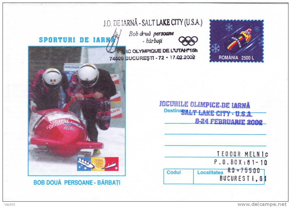 SALT LAKE CITY, WINTER OLYMPIC GAMES, 2002, COVER STATIONERY, ENTIER POSTAL, OBLITERATION CONCORDANTE, ROMANIA - Winter 2002: Salt Lake City