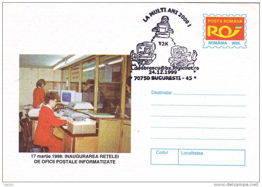 COMPUTER.COMPUTERIZATION OF POSTAL OFFICE NETWORK,1999,COVER STATIONERY, ENTIER POSTAL,OBLITERATION CONCORDANTE, ROMANIA - Computers