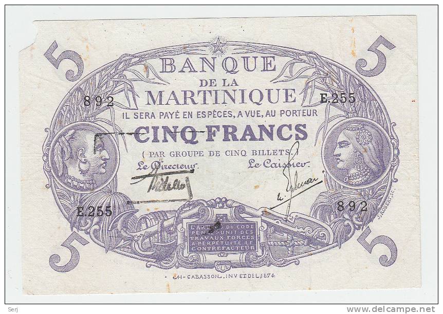 MARTINIQUE 5 FRANCS 1901 (1934-45) AVF (missing Corner) P 6 - Ostkaribik