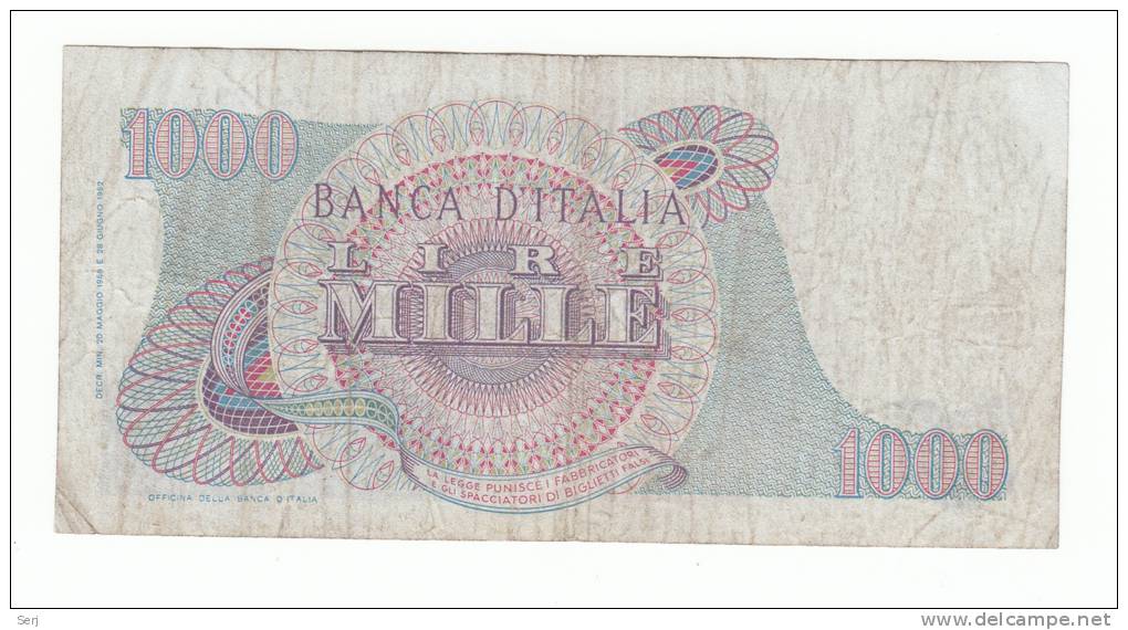 Italy 1000 Lire 1966 VF CRISP Banknote Verdi P 96c 96 C - 1000 Lire