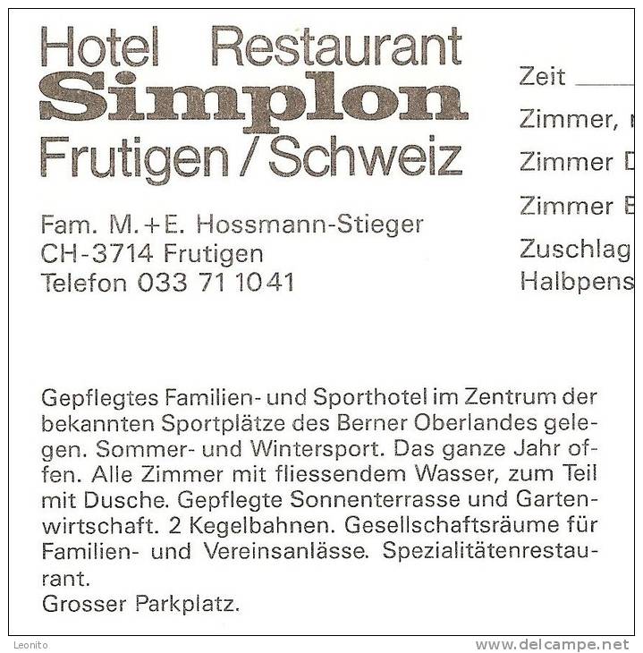 FRUTIGEN Hotel Restaurant SIMPLON Ansichts- Und Werbekarte - Frutigen