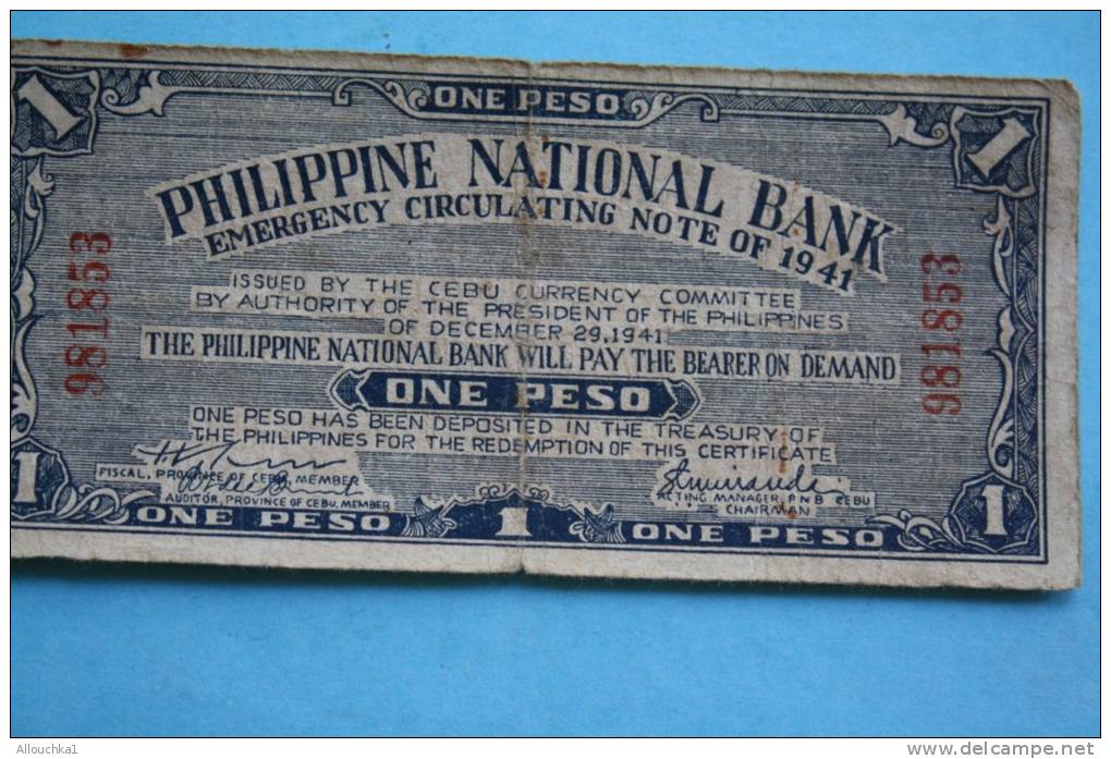 Billet De Banque Philippine National Bank (one Peso) Emergency Circulating Note Of 1941 /Issued By The Cebu Currency Com - Filippijnen