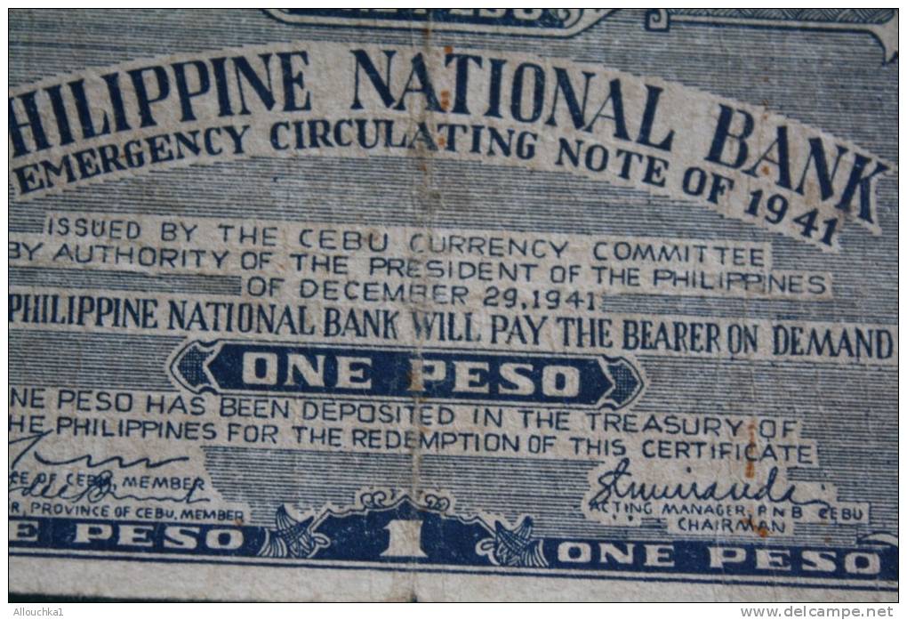 Billet De Banque Philippine National Bank (one Peso) Emergency Circulating Note Of 1941 /Issued By The Cebu Currency Com - Filippijnen