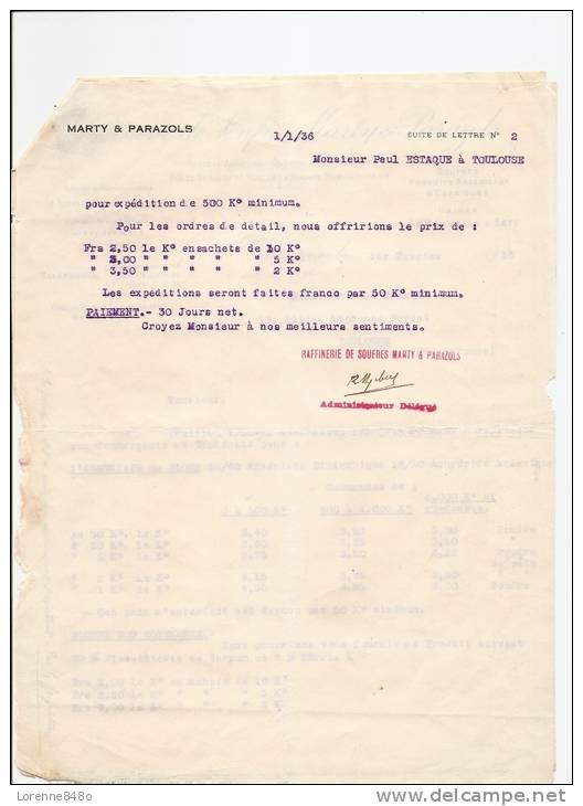 -31- Lettre / Tarifs....RAFFINERIE DE SOUFRES  MARTY & PARAZOLS à CARCASSONNE Pour Mr ESTAQUE à TOULOUSE....de 1936.. - Chemist's (drugstore) & Perfumery