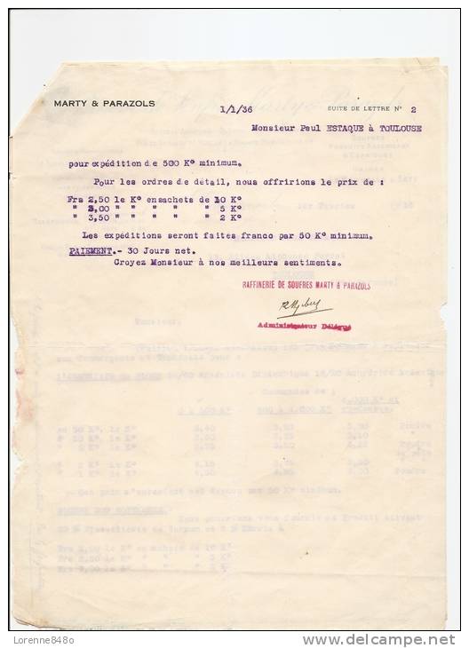 -31- Lettre / Tarifs....RAFFINERIE DE SOUFRES  MARTY & PARAZOLS à CARCASSONNE Pour Mr ESTAQUE à TOULOUSE....de 1936.. - Drogisterij & Parfum