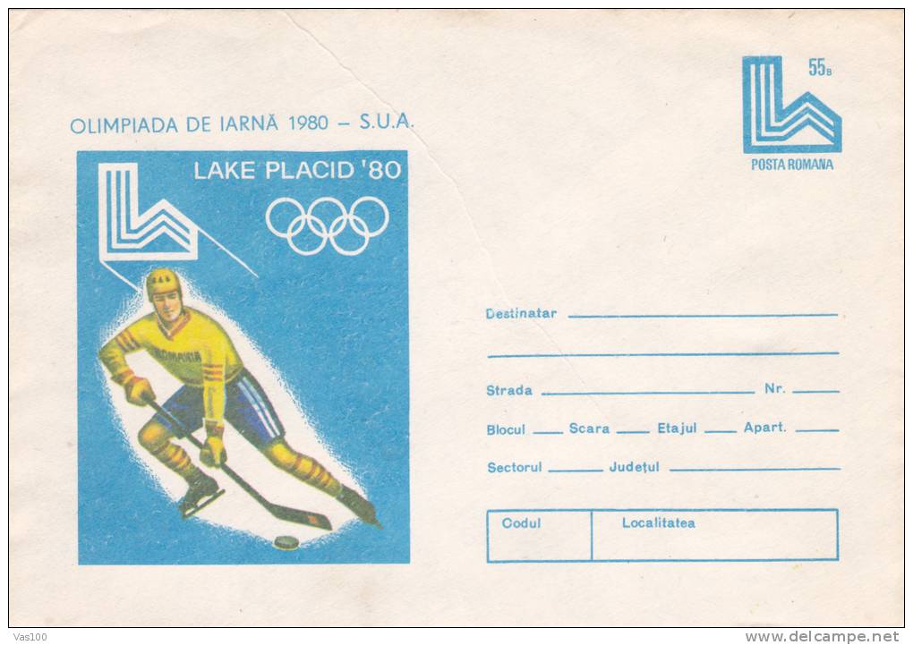 WINTER OLYMPICS, LAKE PLACID, HOCKEY, 1980, COVER STATIONERY, ENTIER POSTAL, UNUSED, ROMANIA - Invierno 1980: Lake Placid