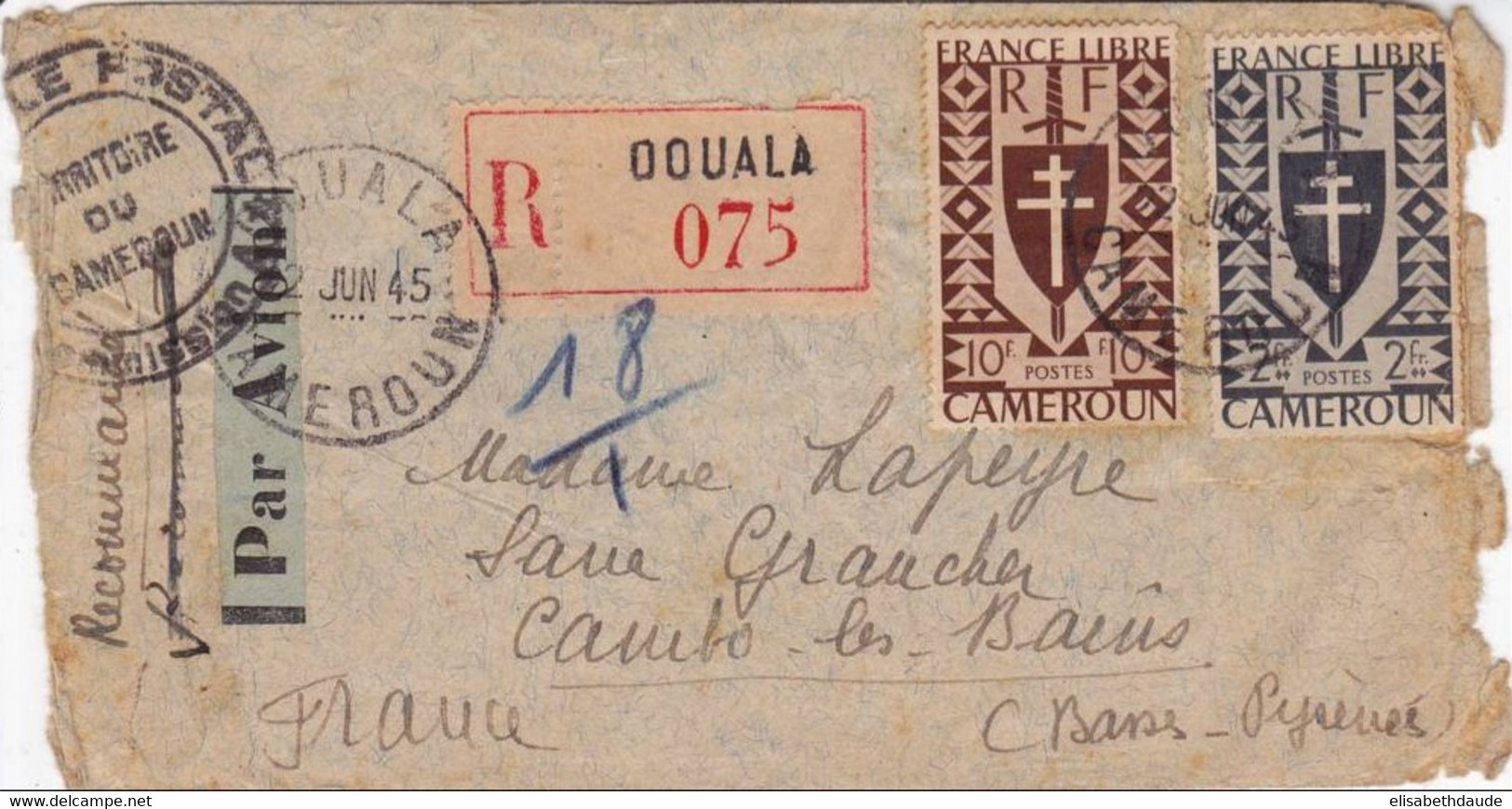 CAMEROUN - 1945 - ENVELOPPE RECOMMANDEE Par AVION De DOUALA Pour CAMBO LES B. Avec CENSURE COMMISSION A - FRANCE LIBRE - Lettres & Documents