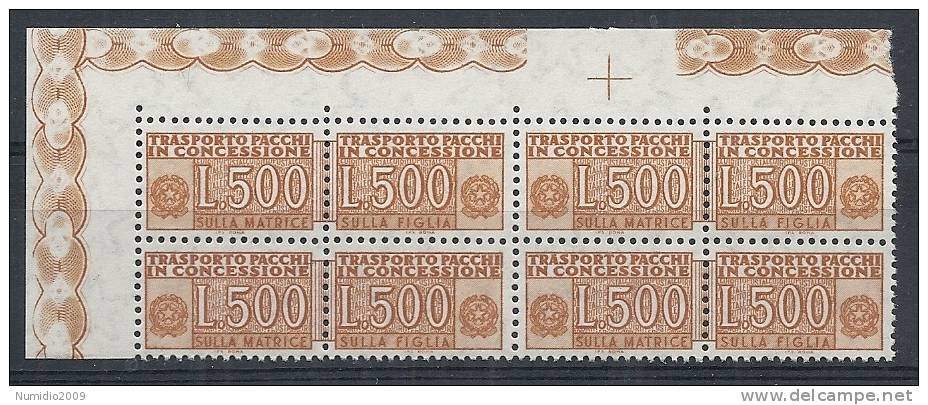 1955-81 ITALIA PACCHI IN CONCESSIONE 500 LIRE QUARTINA MNH ** - RR10399 - Concessiepaketten