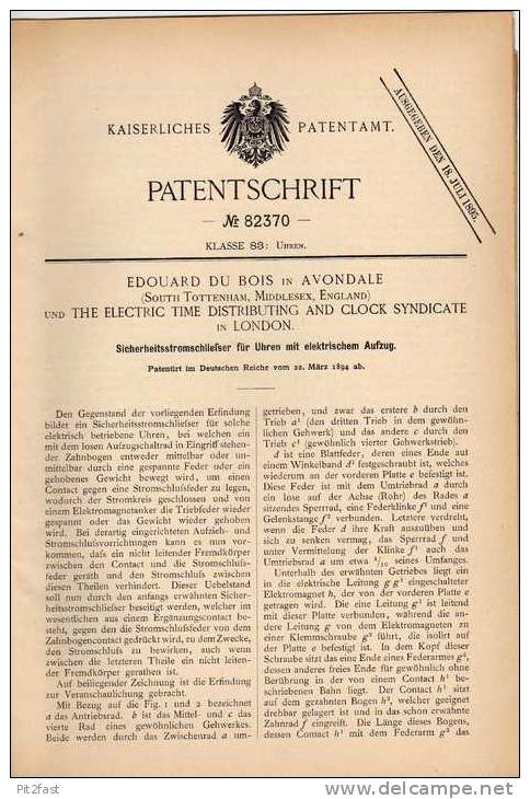 Original Patentschrift - E. Du Bois In Avondale Und London , 1894 , Uhr Mit Elektrischem Aufzug , Clock !!! - Otros & Sin Clasificación