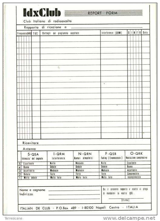 X Italian Dx Club Napoli Idxclub Club Italiano Di Radioascolto Rapporto Ricezione Report Form Code Sinfo - Sonstige & Ohne Zuordnung