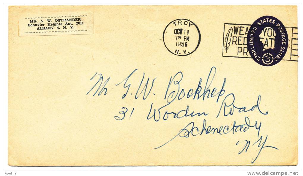 USA Postal Stationery Cover Troy 11-10-1956 - 1941-60