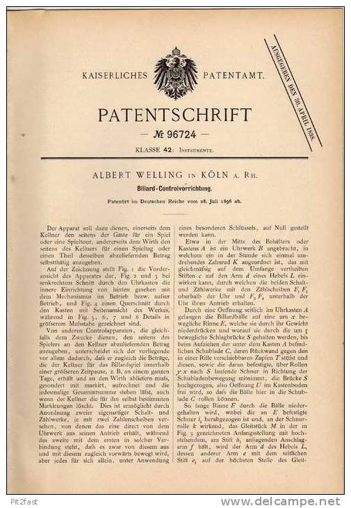 Original Patentschrift - A. Weling In Köln A. Rh., 1896  , Billiard Controllvorrichtung !!! - Billard