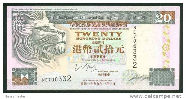 HONG KONG , 20 DOLLARS 1.1.1999. P-201d , UNC - Hong Kong