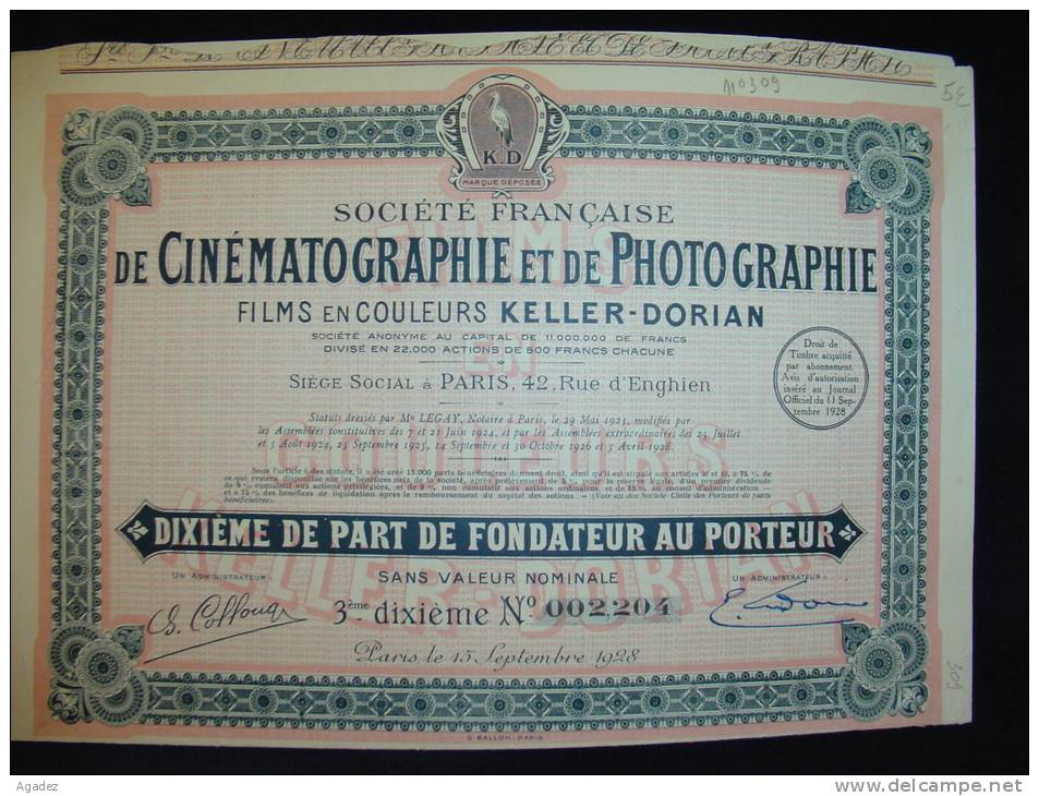10ème Part Fond " Sté Française  Cinématographie Et De Photographie " Films Couleur Keller Dorian Paris 1928 Cinéma - Kino & Theater