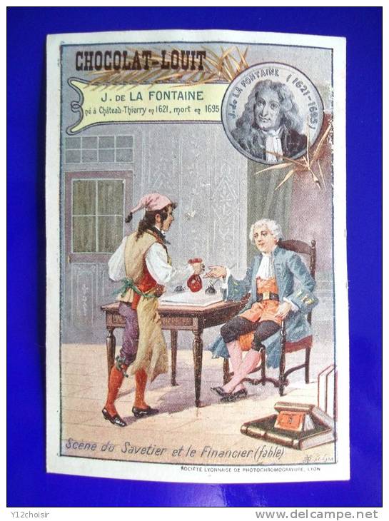 CHROMO IMAGE CHOCOLAT LOUIT JEAN DE LA FONTAINE SCENE THEATRE SAVETIER ET LE FINANCIER - Louit