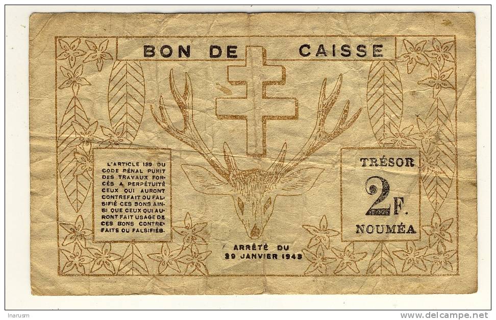 NOUVELLE CALEDONIE  -  NEW CALEDONIA  -  2  Francs 1943  -  P.56 - Nouméa (New Caledonia 1873-1985)