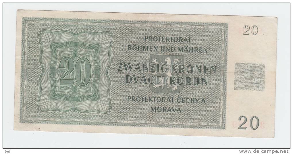 Bohemia & Moravia 20 Korun 1944 VF++ Banknote P 9 - 2. WK