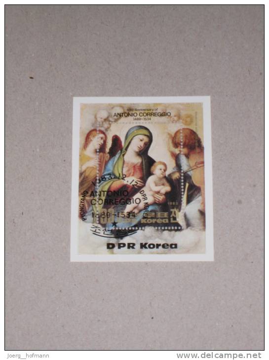 Block Scheet Northcorea Nordkorea 12.12.1983 Madonna  Maria Mit Kind Mary With Child Antonio Correggio Religion - Cuadros