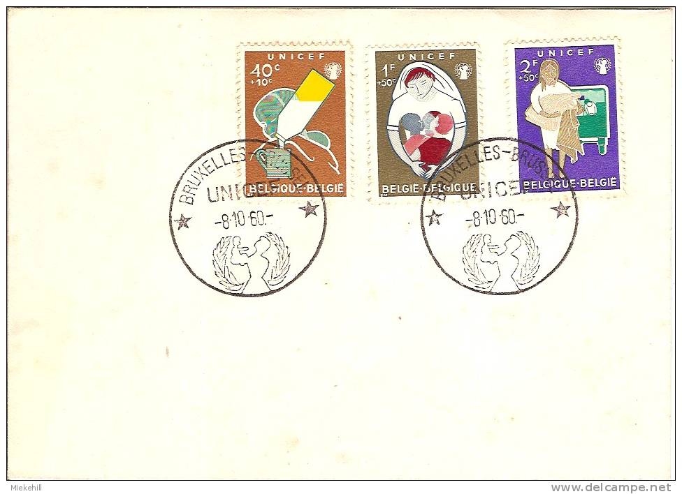 TIMBRES BELGIQUE  1153-1158-UNICEF-oblitération Premier Jour 8/10/60 Sur 2 Plis Non Illustrés - UNICEF