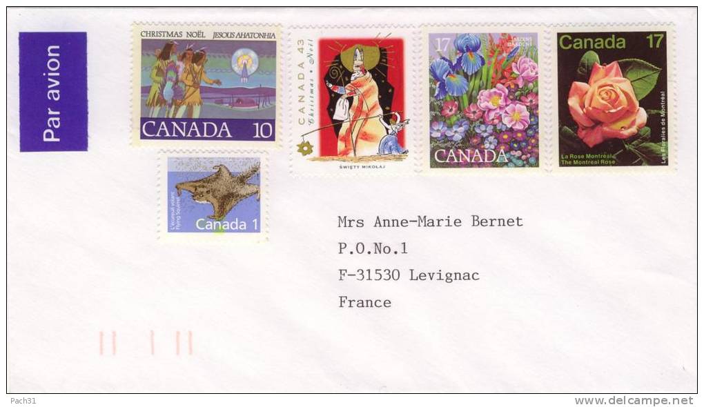 Lettre Du Quebec Non Oblitéréé Avec Timbres Noël, Fleurs Et Ecureuil Volant - Abarten Und Kuriositäten