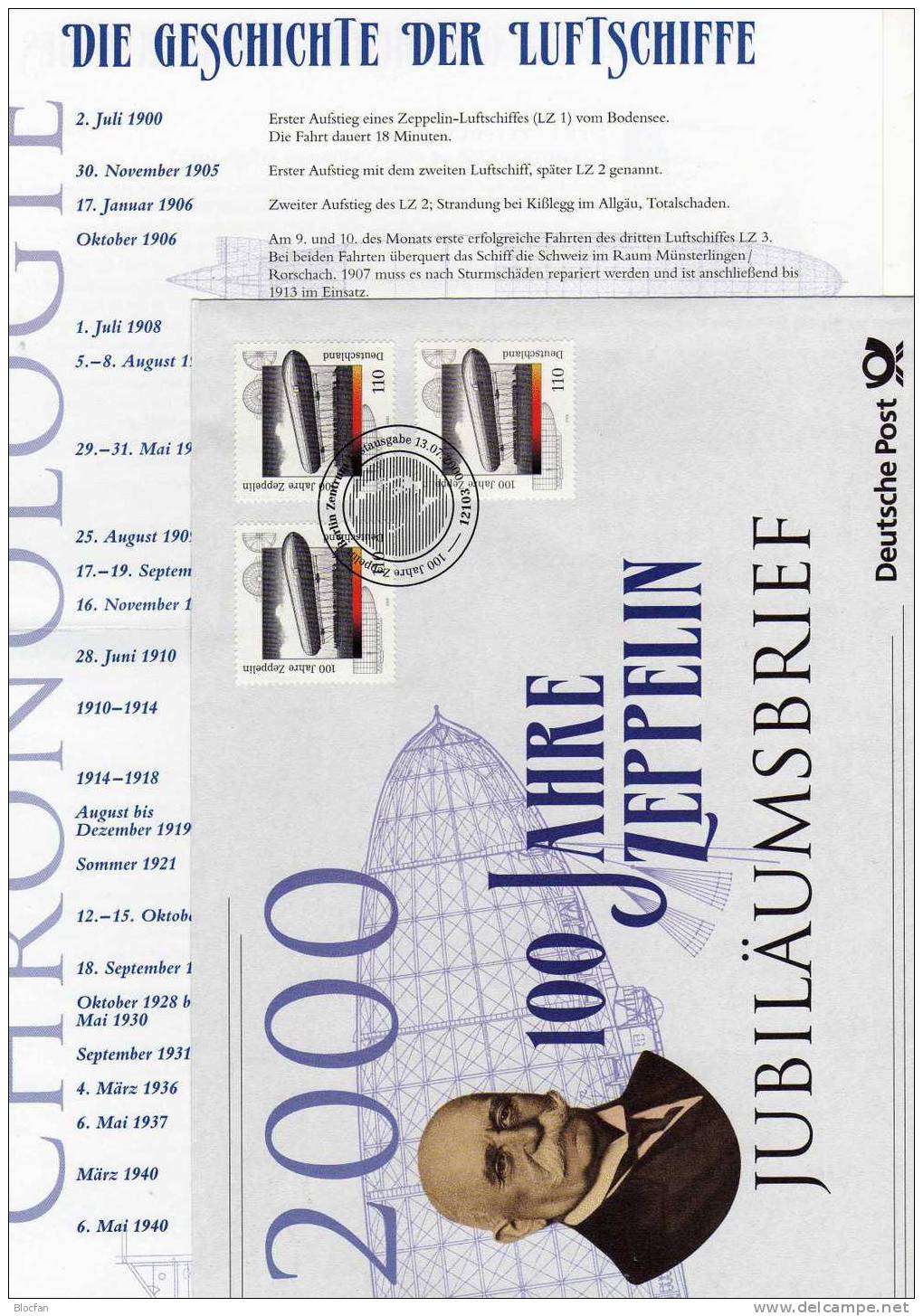 Zeppelin Offizieller Brief 3/2000 BRD 3x2128 SST 10€ Jubiläumsbrief 100 Jahre Luftschiffe Deutschland Cover Germany - Zeppelin