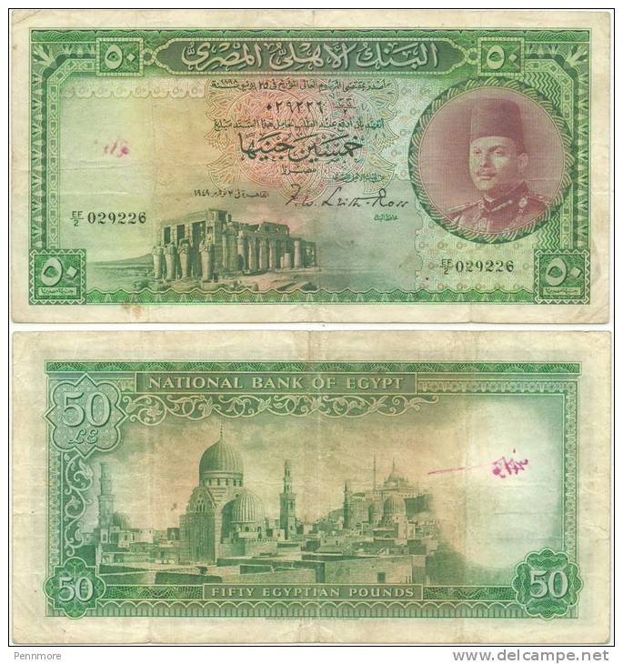 Kng Faruk Saudi Arab Sex - Egypt - Egypt 50 Pounds Bank Note King Farouk 1949 Sign Leith Ross -Fine  Grade