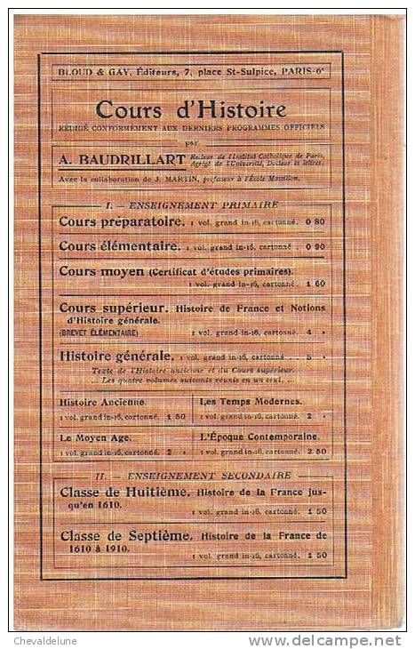 LIVRE SCOLAIRE : ALFRED BAUDRILLART  : HISTOIRE DE FRANCE COURS ELEMENTAIRE - 6-12 Ans