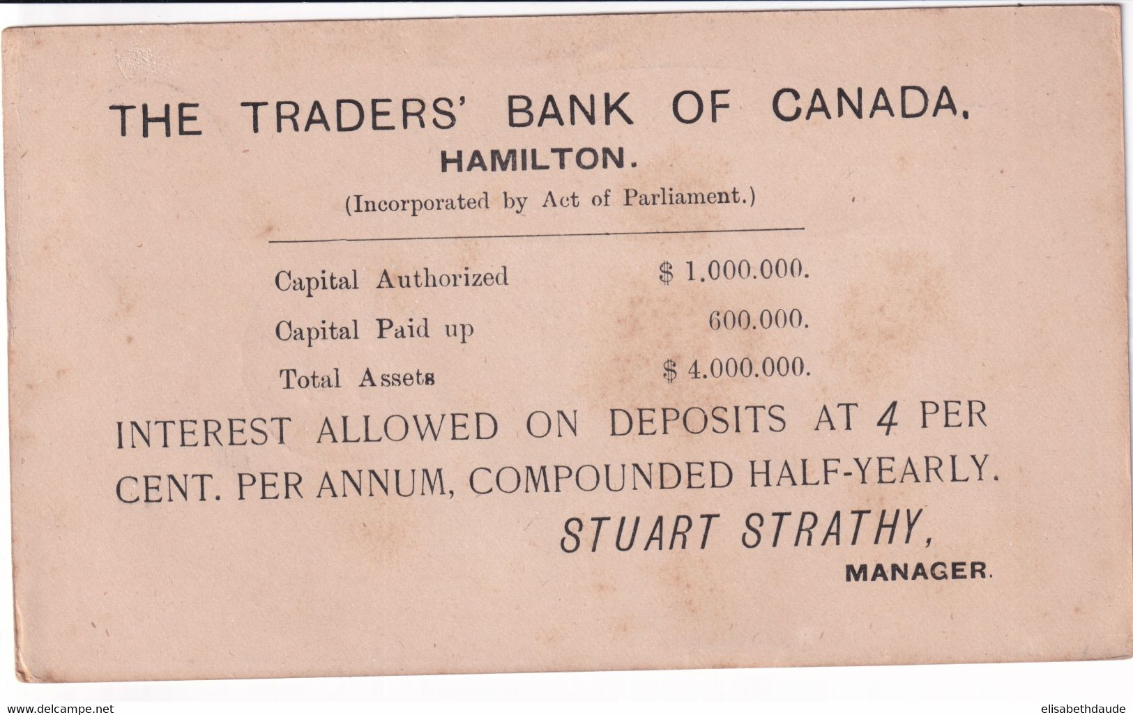 CANADA - 1892 - CARTE POSTALE ENTIER Avec REPIQUAGE PRIVE (BANK OF CANADA) De HAMILTON - 1860-1899 Regering Van Victoria