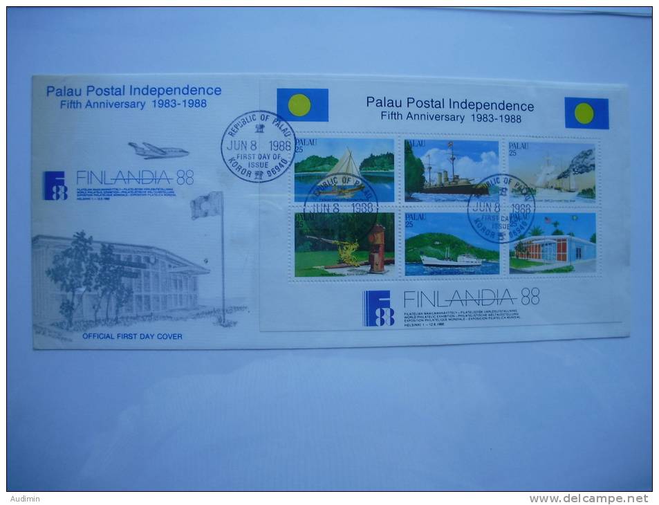 Palau 235/0 Block 3 FDC, 5 J. Postalische Unabhängigkeit; Int. Briefmarkenausstellung FINLANDIA ’88 - Palau