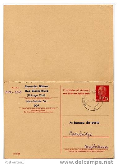 DDR P 65 Antwort-Postkarte  ZUDRUCK Böttner #5  Sost. KAHNFAHREN  Cambridge GB 1966 - Cartes Postales Privées - Oblitérées