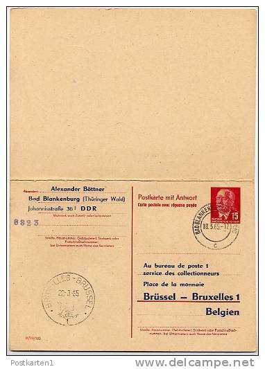 DDR  P 65 Antwort-Postkarte  ZUDRUCK #7  Stpl. HYMANS Brüssel 1965 - Cartes Postales Privées - Oblitérées