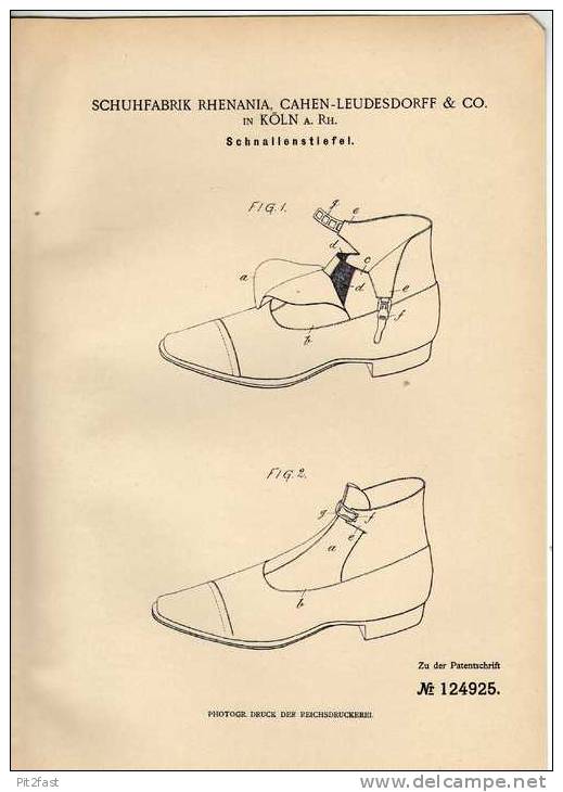 Original Patentschrift - Rhenania Schuhfabrik In Cöln A.Rh., 1901 , Schnallenstiefel , Stiefel !!! - Zapatos