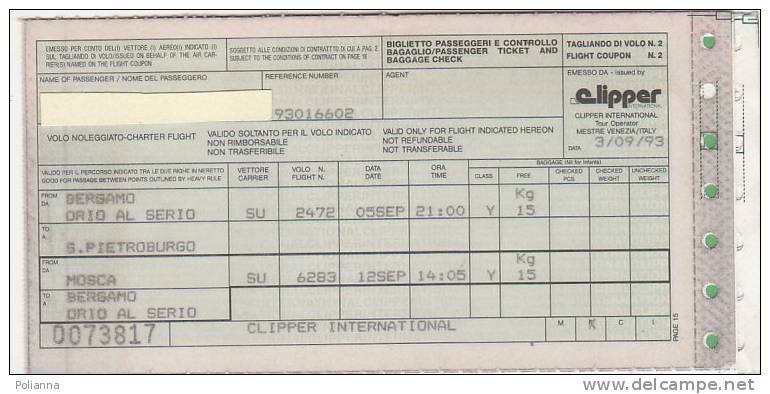 B0763  CARTA D´IMBARCO - BIGLIETTO AEREO - LINEA AEREA CLIPPER INTERNATIONAL - BERGAMO ORIO AL SERIO-S.PIETROBURGO 1993 - Europa