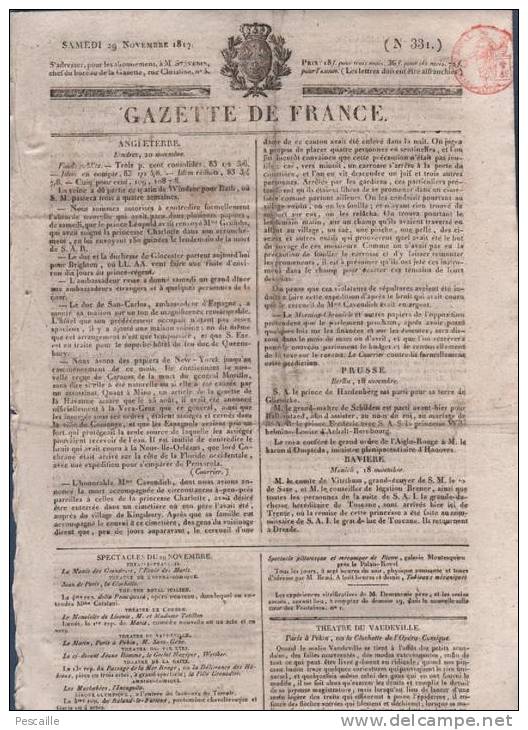 GAZETTE DE FRANCE 29 11 1817 - LONDRES - KINGSBURY - VAUDEVILLE - MAYENCE - AFFAIRE FUALDES RODEZ - - 1800 - 1849