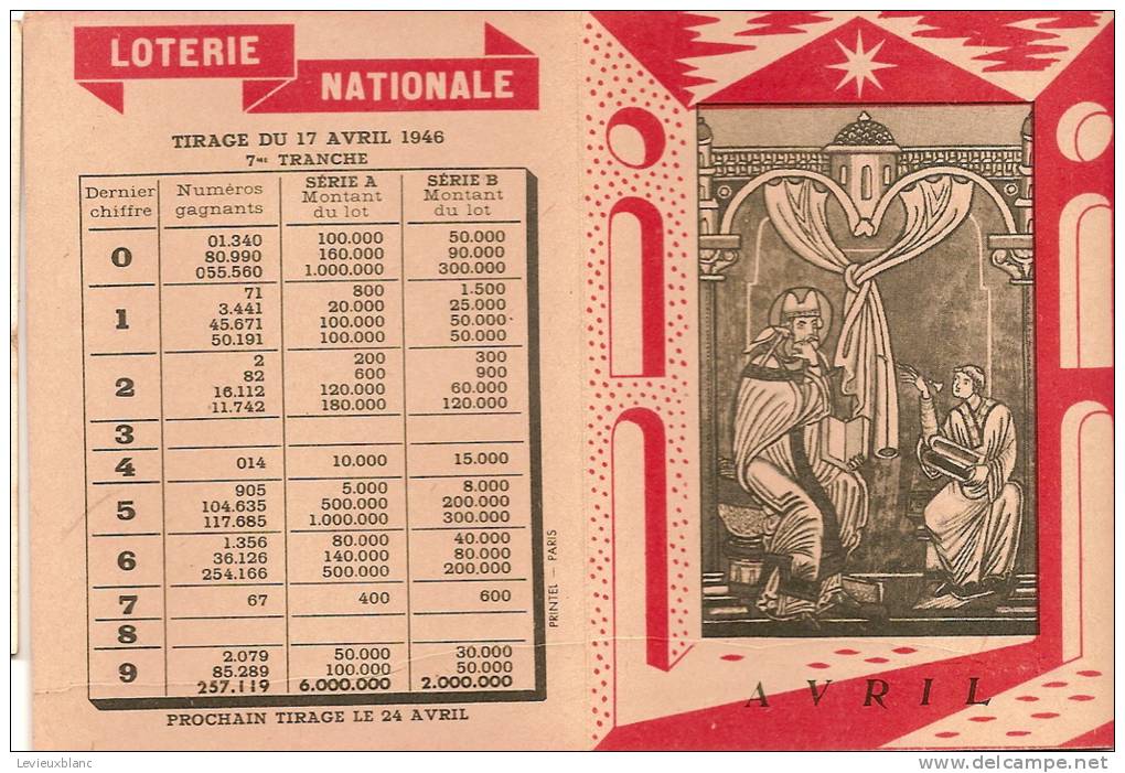 Calendrier/Loterie Nationale/Mois D´Avril/1946                           CAL31 - Andere & Zonder Classificatie