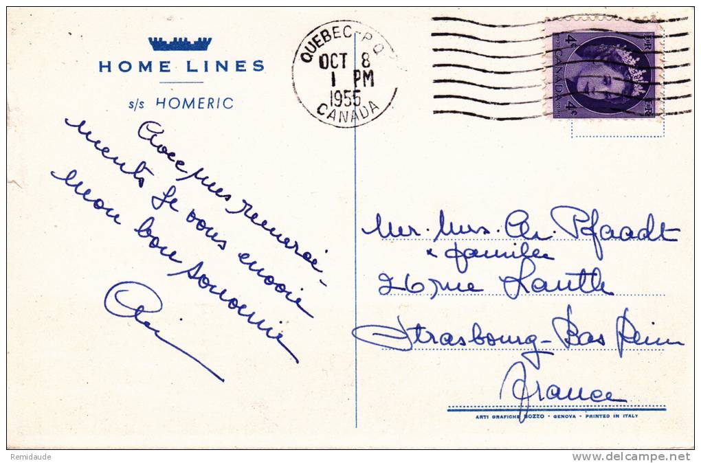 1955 - CANADA - POSTE MARITIME - CARTE POSTALE Du PAQUEBOT SS "HOMERIC" Pour STRASBOURG - Cartas & Documentos