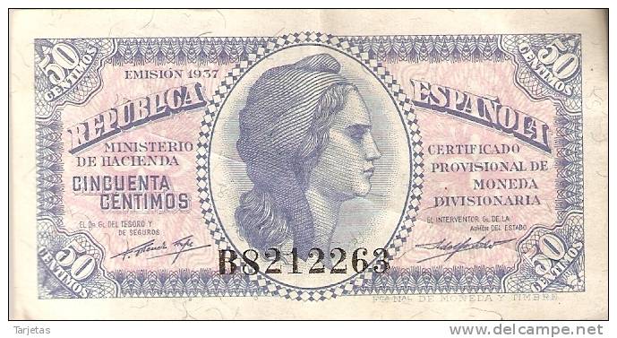 BILLETE DE ESPAÑA DE 50 CTS DEL AÑO 1937  MBC LETRA B - Sonstige & Ohne Zuordnung