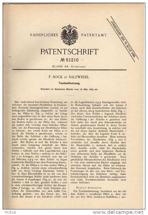 Original Patentschrift - F. Sock In Salzwedel , 1889 , Feuerzeug , Taschenfeuerzeug !!! - Dokumente