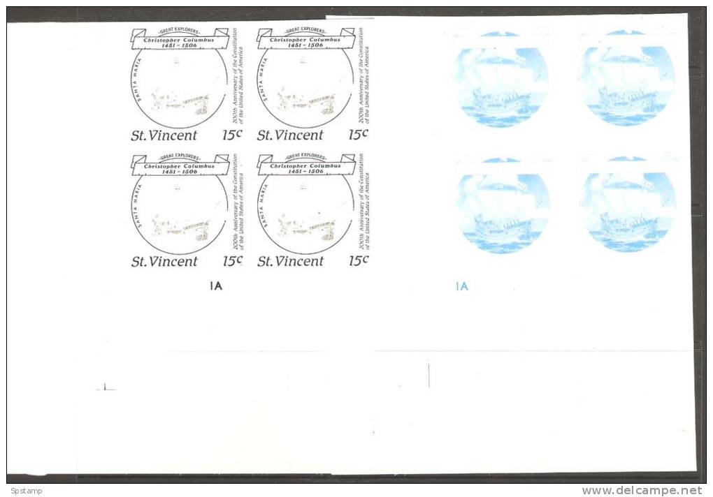 St Vincent 1988 Columbus US Bicentennial 15c Boat Santa Maria 5 Imperf Colour Trial Plate Proofs MNH Plate No Blocks 4 - St.Vincent (1979-...)