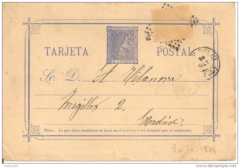 1 ENTIER    POSTAL  1878 (FALTA SENO) - 1850-1931