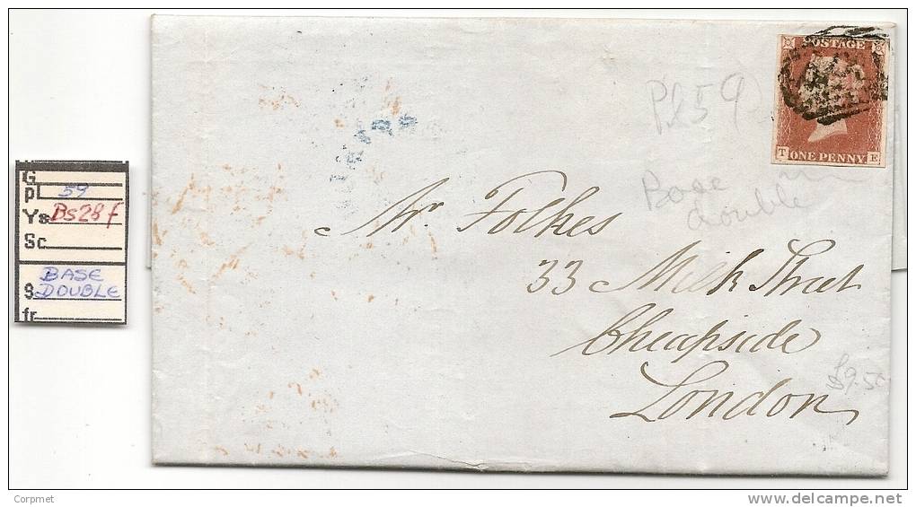 UK - 1847 COVER 1p Imperforate - 4 Margins - Plate 59 BASE DOUBLE Specialised # Bs28f  -complete Entire Cover - Storia Postale