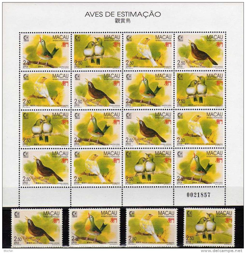 Singapore 1995 Macau 814/8,ZD, Block 30+ KB ** 96€ Drossel Häherling Brillen- Sonnen- Kanarien-Vogel Bird Sheet Bf Macao - Verzamelingen & Reeksen
