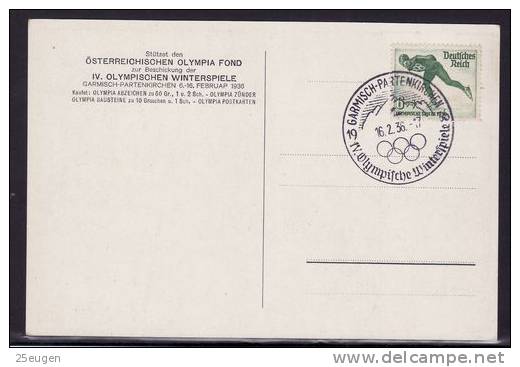 GERMANY WINTER OLIMPIC GAME GA-PA 1936 AUSTRIAN OLYMPIA FOND COMMEMORATIVE POSTCARD WITH POSTMARK - Winter 1936: Garmisch-Partenkirchen