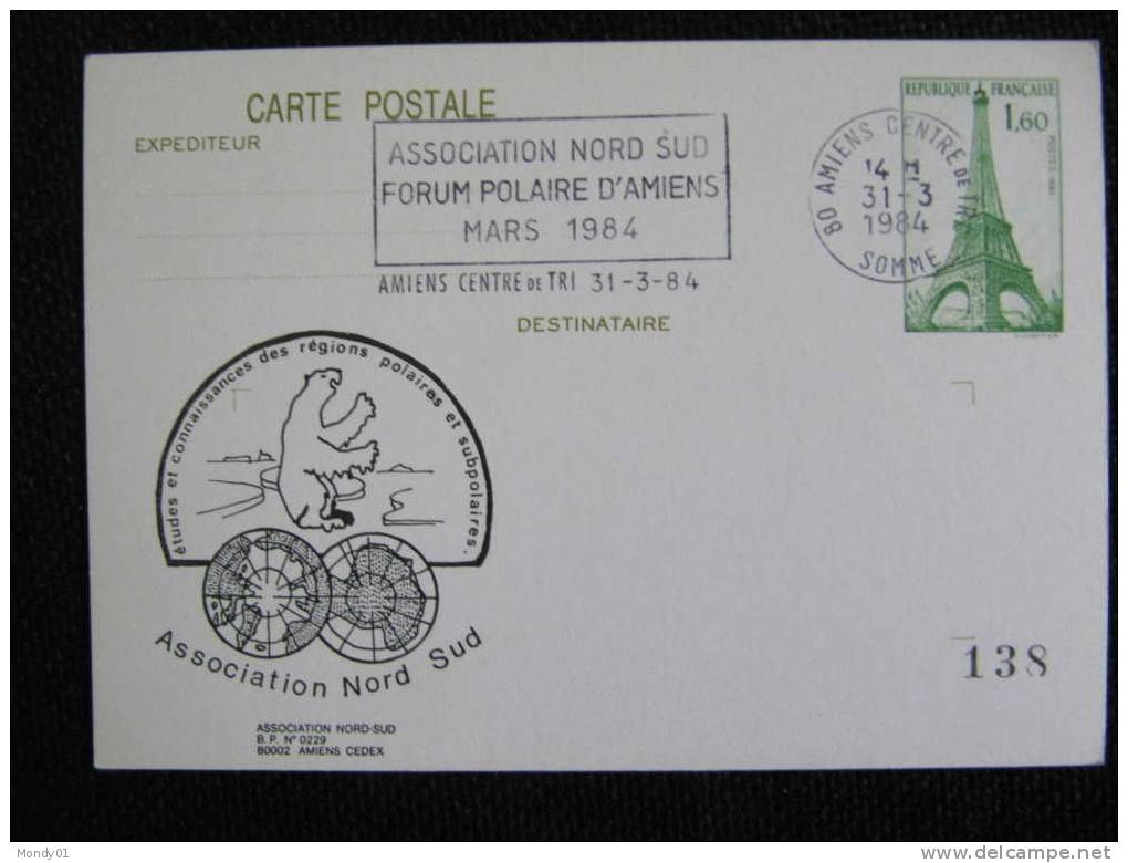 3020  Date Rare Flamme Greve Poste Ours Blanc Polaire Polar Bear 1984 Entier Postal Amiens Flamme Manchot Phoque Cocteau - Sonstige & Ohne Zuordnung