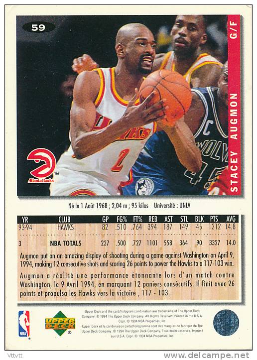 Basket NBA (1994), STACEY AUGMON, HAWKS, Collector´s Choice (n° 59), Upper Deck, Trading Cards... - 1990-1999