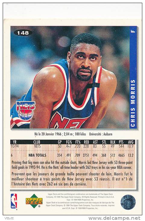 Basket NBA (1994), CHRIS MORRIS, NETS, Collector´s Choice (n° 148), Upper Deck, Trading Cards... - 1990-1999