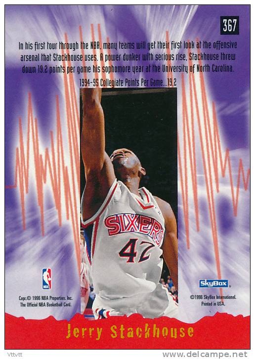 Basket NBA (1996), JERRY STACKHOUSE, SIXERS, SkyBox, NBA Hoops (n° 367) - 1990-1999