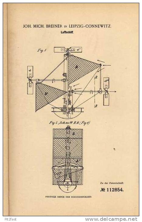 Original Patentschrift - J. Breiner In Leipzig - Connewitz , 1899 , Luftschiff , Luftfahrzeug !!! - Aviación