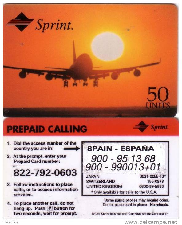 USA PREPAID SPRINT AIRPLANE AVION SUNSET SURCHARGE SPAIN ESPANA ESPAGNE VALID 01.97 - Sprint