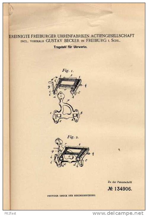 Original Patentschrift - Uhrenfabrik Freiburg I. Schl., 1902 , Tragstuhl Für Uhrwerke , Uhrmacher !!! - Autres & Non Classés